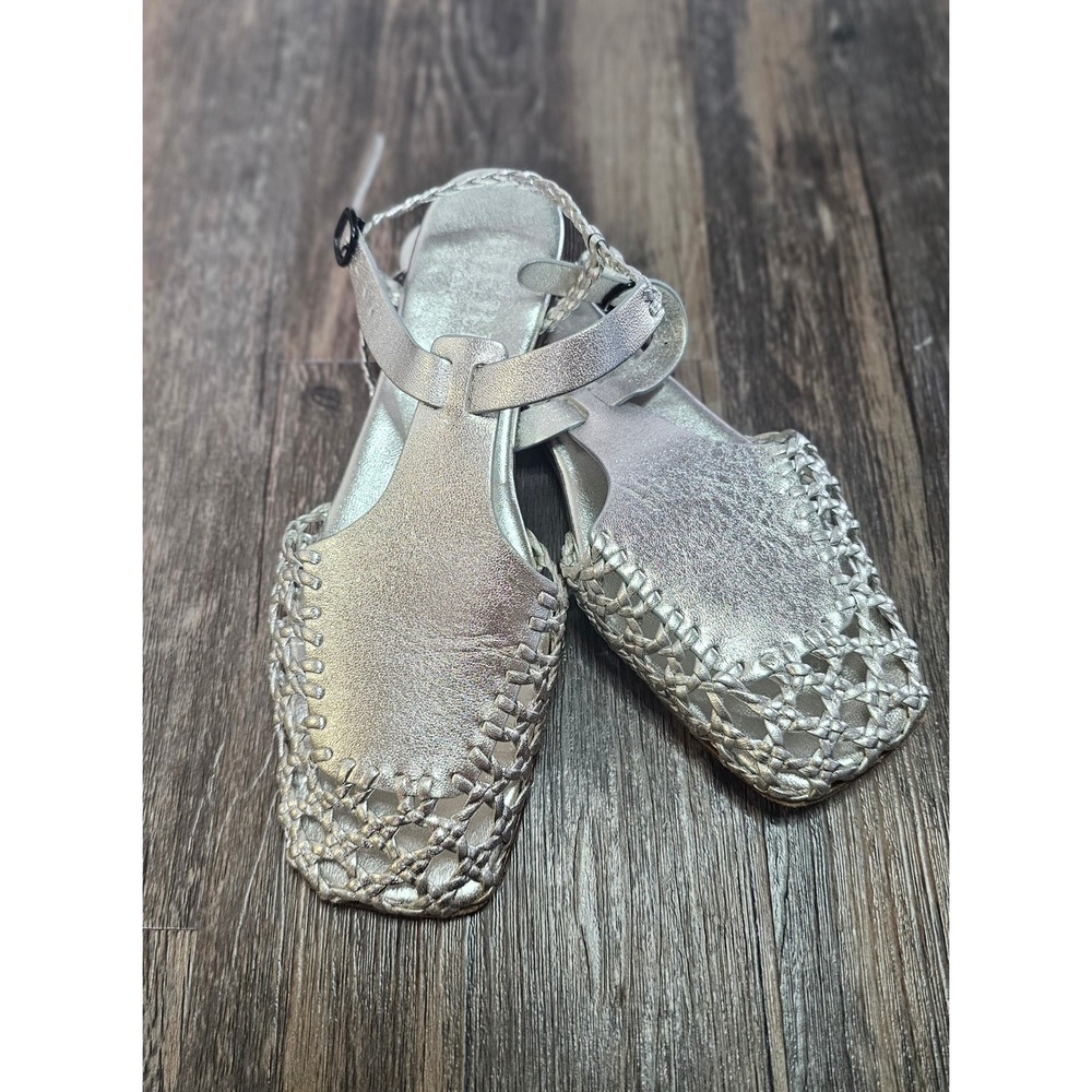 Hereu Cabersa Metallic Silver Woven Leather Fisherman Sandals Square Toe EU35